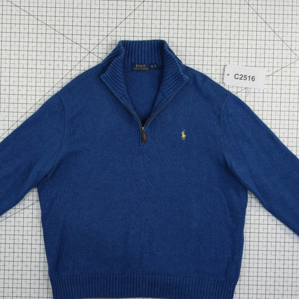 Polo Ralph Lauren Quarter Zip Sweater‎ Men's Size XL Blue Cotton Knit Pony